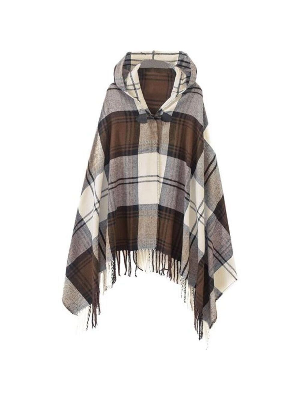 Women Plaid Poncho Knitted Tassel Shawl Cape Hooded Button Cardigan Wrap
